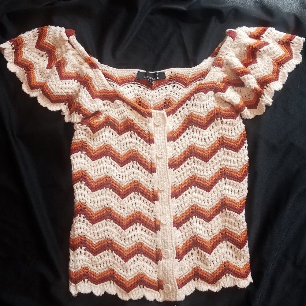 Knit button up sweater flutter sleeves Cream & Orange Size XS 100% cotton